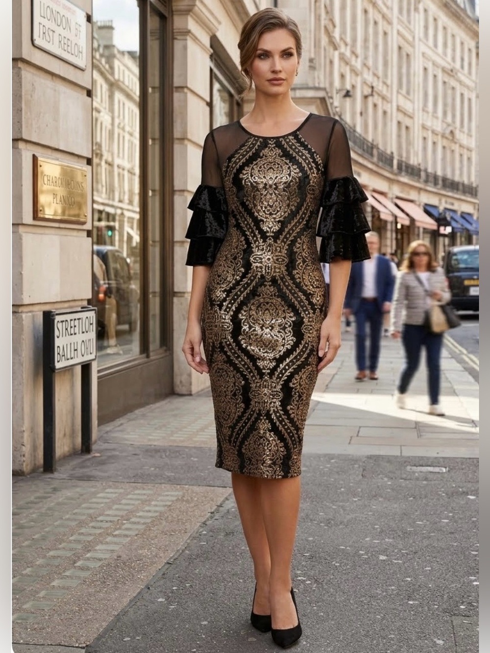 VENUS Gold Sequin Black Velvet Midi Dress Sheer Ruffle Sleeve Side Slit - L